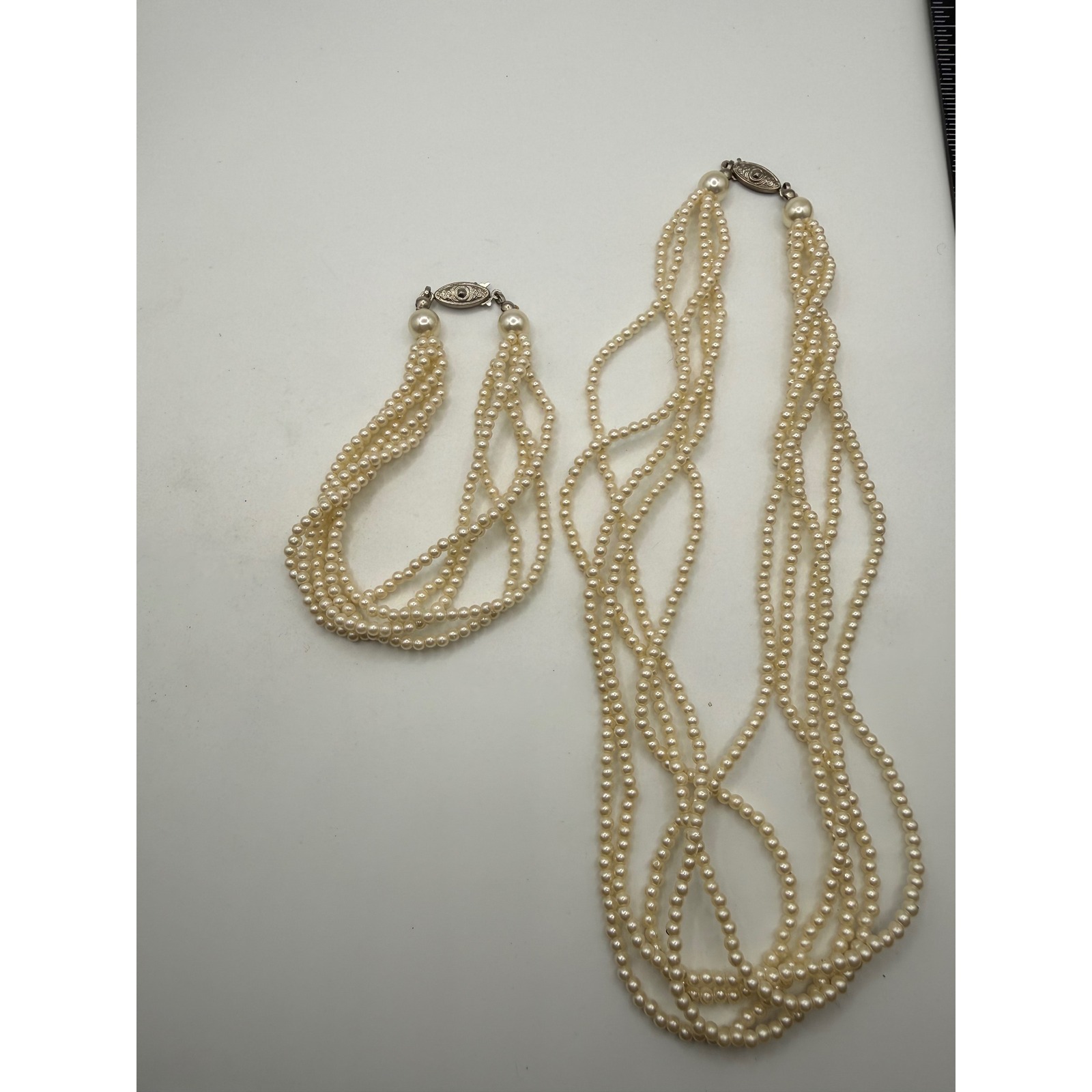 Vintage Multi-Strand Faux Pearl Necklace And Bracelet Set Silver Tone Clasp